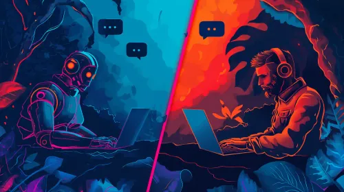 A split screen of a robot and a man typing.